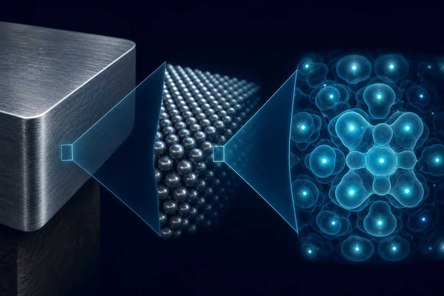 Zooming from a metal block to its atoms and electrons